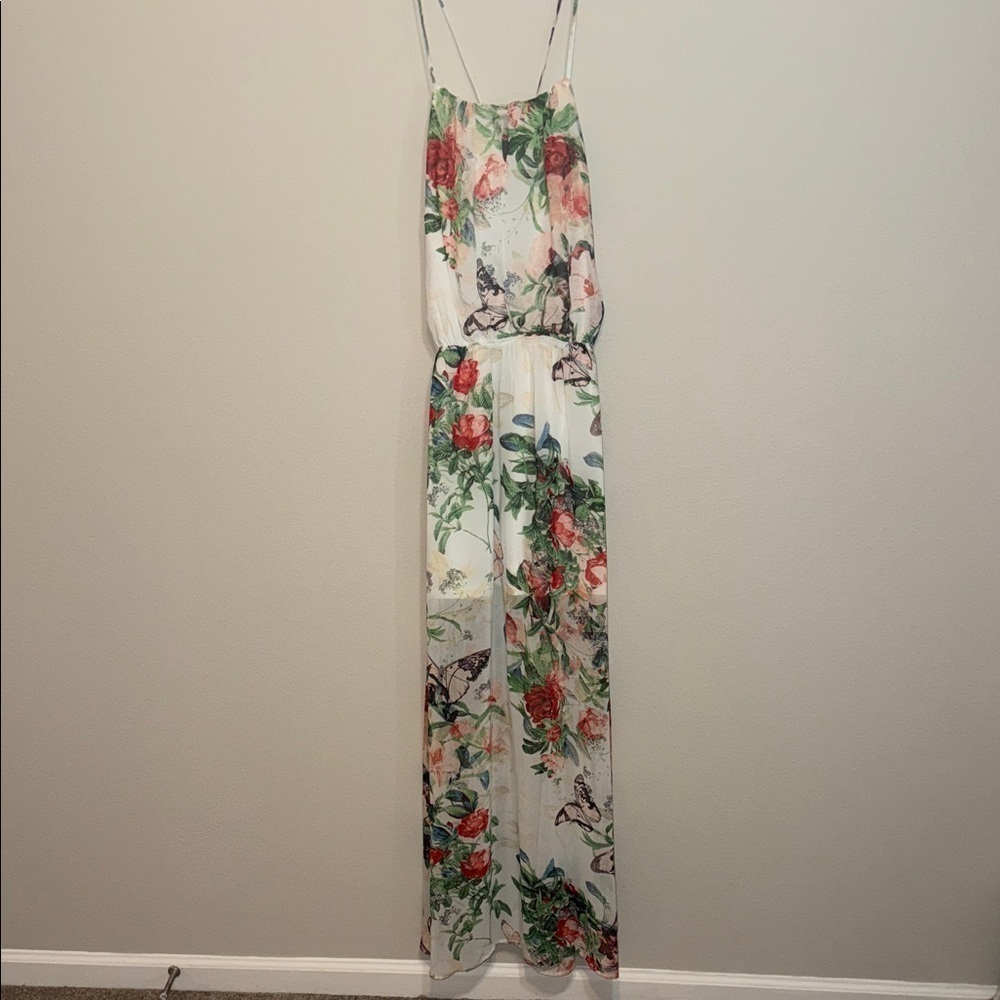 Fate Floral Maxi Dress with Butterfly Design - Sheer Halter - Large - NWT. B6